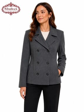 Jones New York 96% Wool Double Breasted Blazer Jacket Size 14 Gray Career Chic